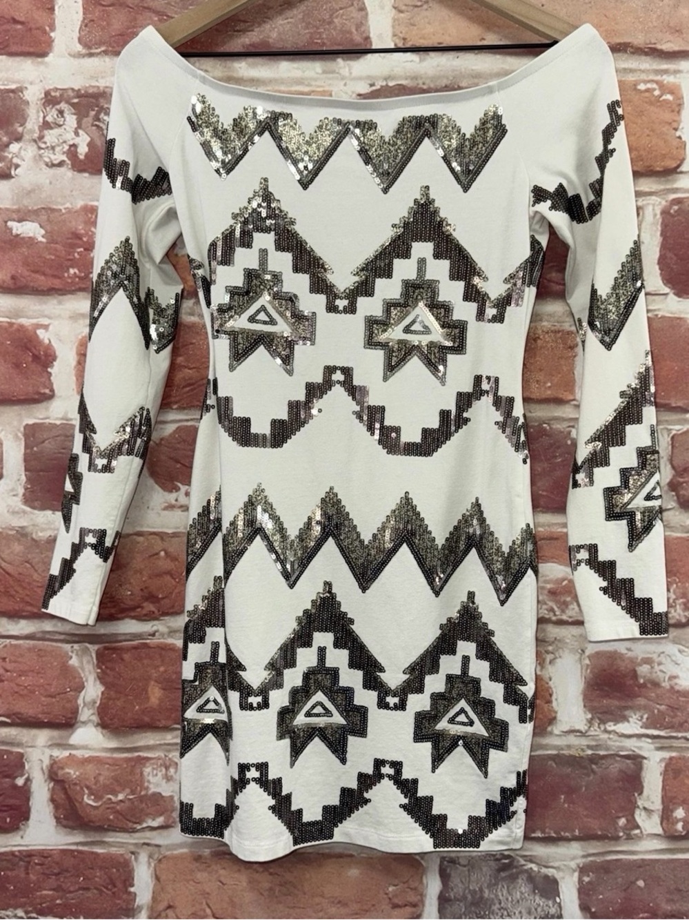 Express Dress Womens Small White Sequin Geometric Boho Aztec Stretchy Evening